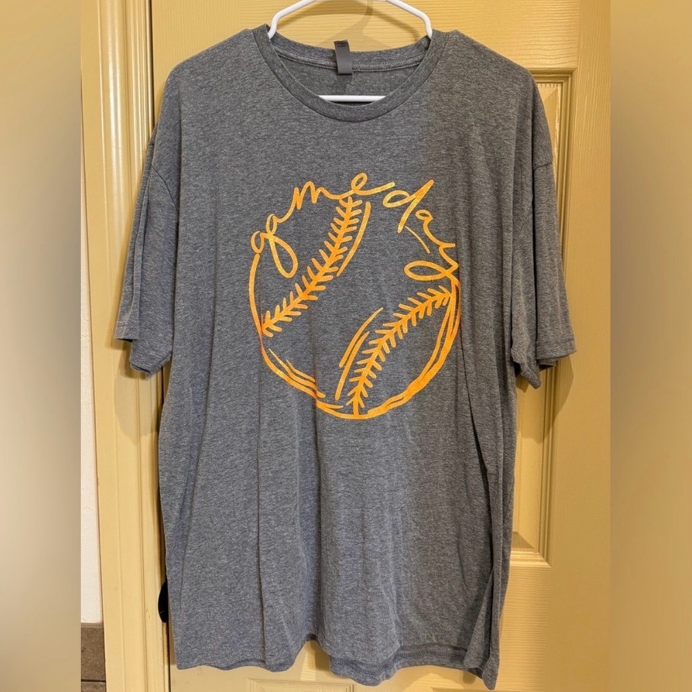 Gray T-Shirt with Orange Baseball Design